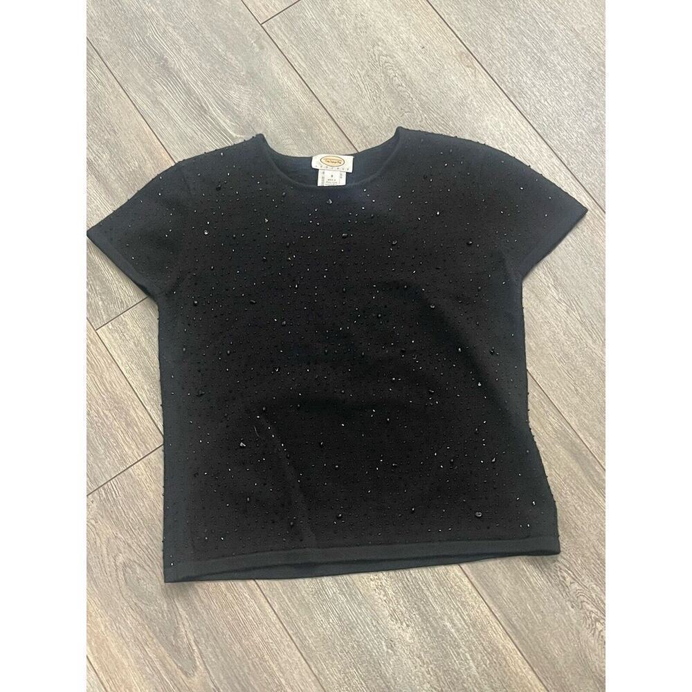 Talbots Meriono Wool Top Womens Size Small Sequin Black Short Sleeve Holiday